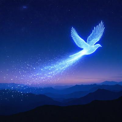 The primary subject of the image is a bird flying through the sky. The bird is surrounded by a blue and white light, giving it a celestial appearance. The setting is a night sky, with the bird flying above a mountain range. The visual style is a combination of photo and digital art, creating a surreal and dreamy atmosphere. The colors and mood of the image are predominantly blue and white, with a sense of freedom and serenity.